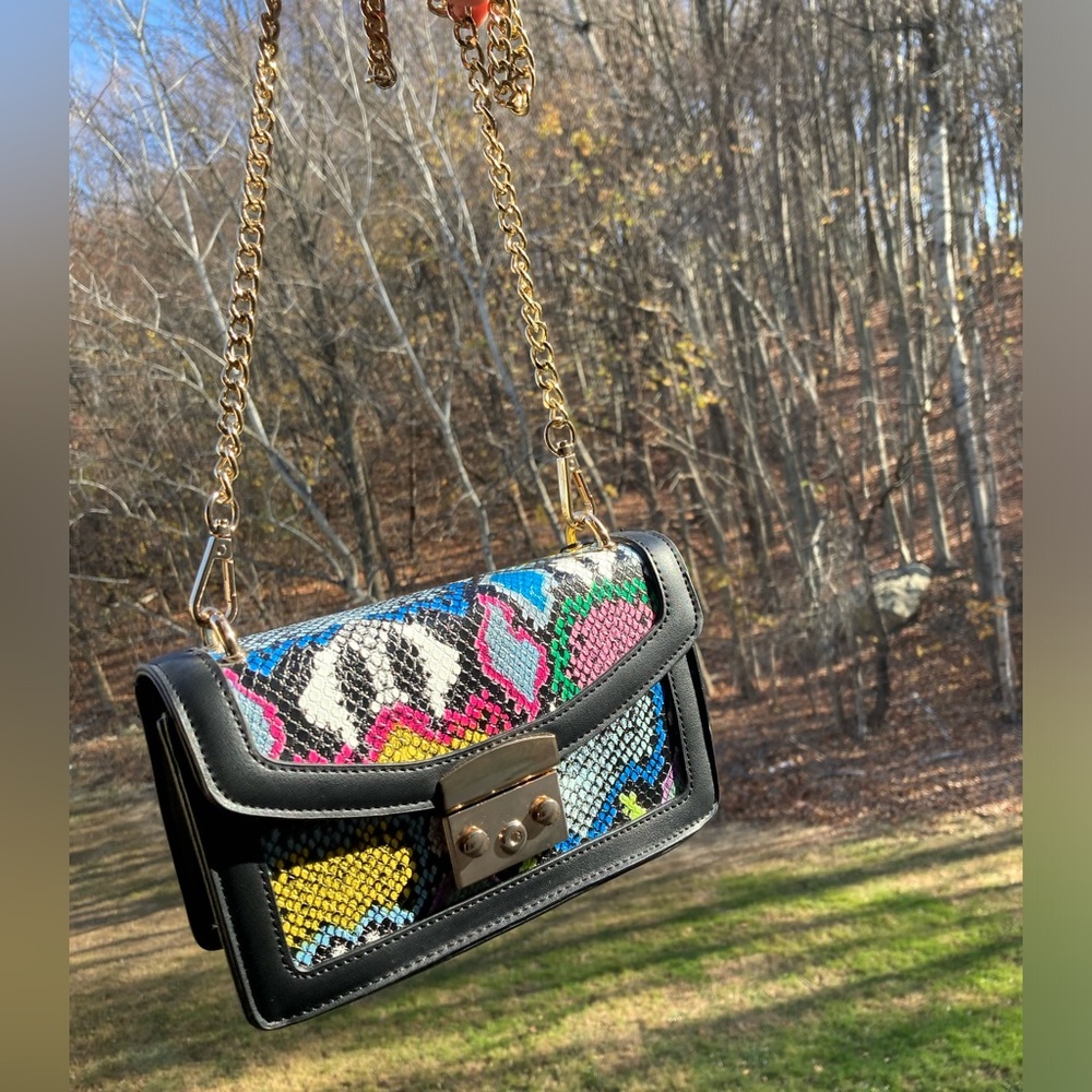 Black Multi Color Rainbow Snake Skin Reptile Print Convertible Purse Belt Bag